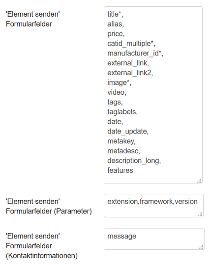 Phoca Cart - Element senden - Optionen