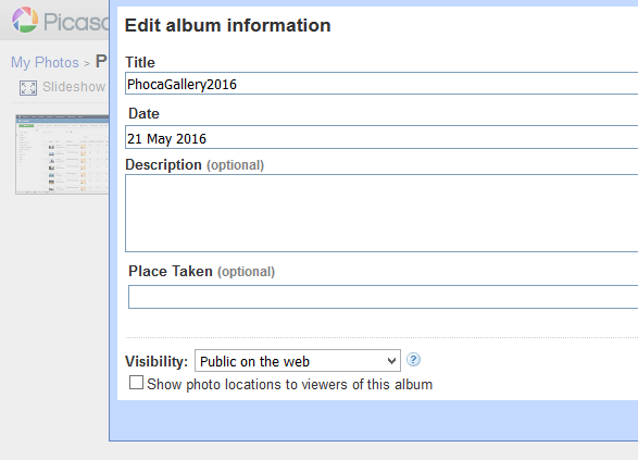 Making Google Photos album public in Picasa