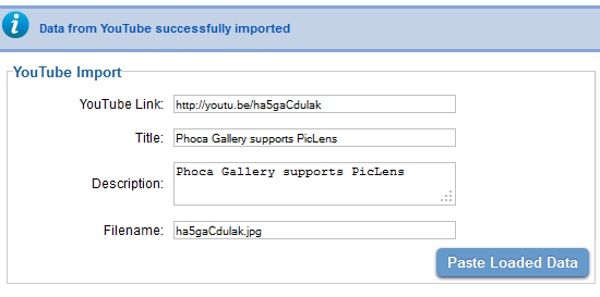 Phoca Gallery - paste imported data from YouTube