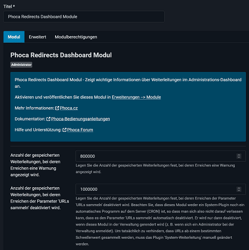 Phoca Redirects Dashboard module - parameters