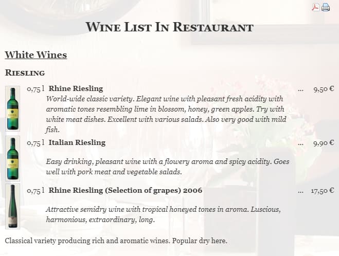 Phoca Restaurant Menu - Eine Weinkarte anzeigen